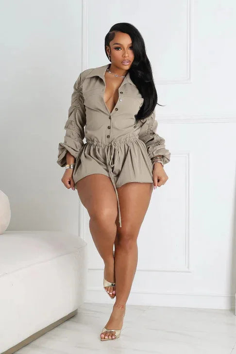 Elegant Ruched Drawstring Lantern Sleeve Romper for Women