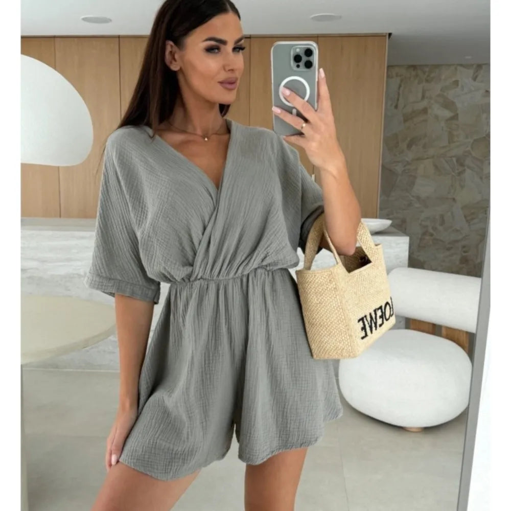 Elegant Deep V Neck Short Sleeve White Romper for Women