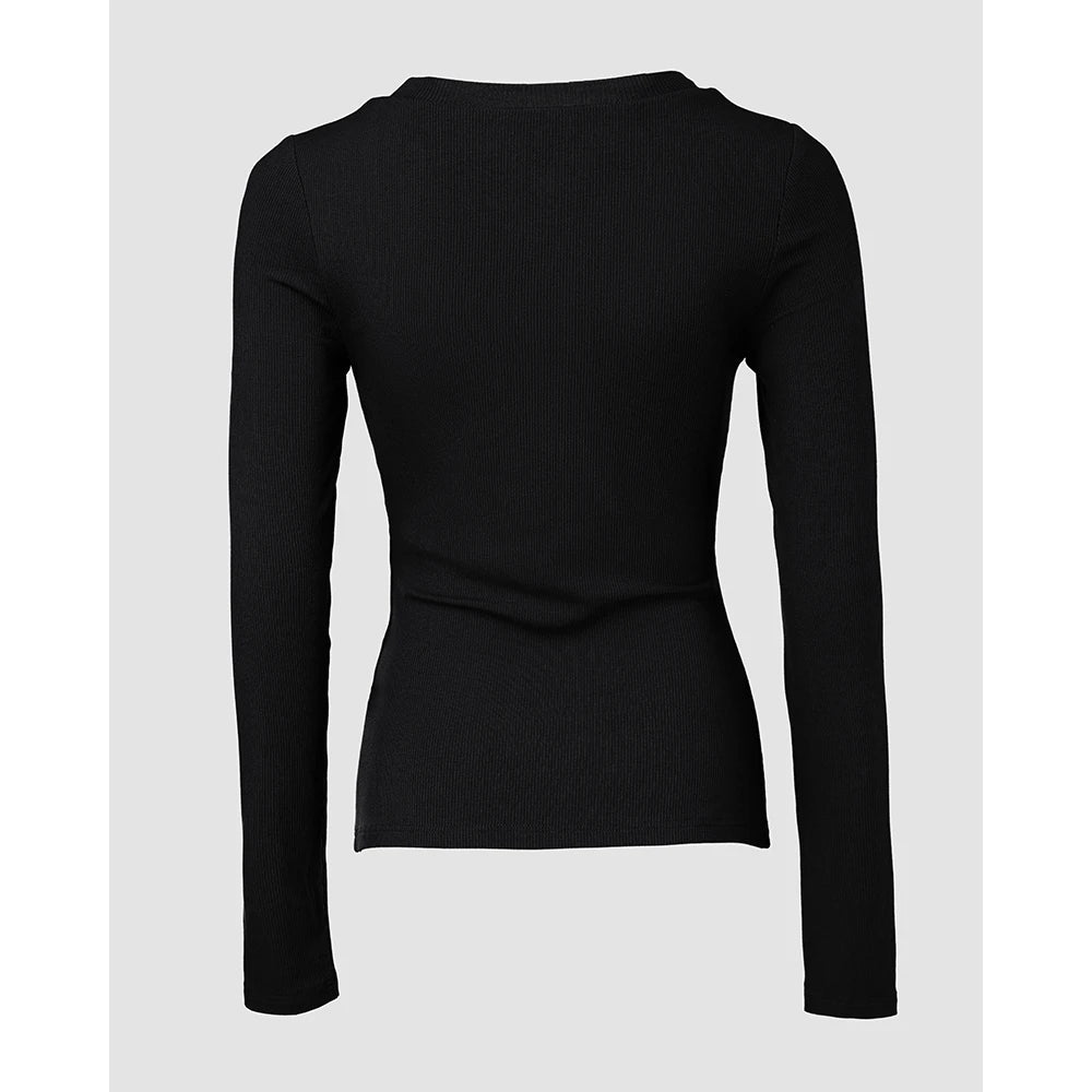 Autumn Spring Women U-Neck Built-in Bra Long Sleeve Ribbed Top Femme Skinny Casual Basic Easy Matching T-Shirts