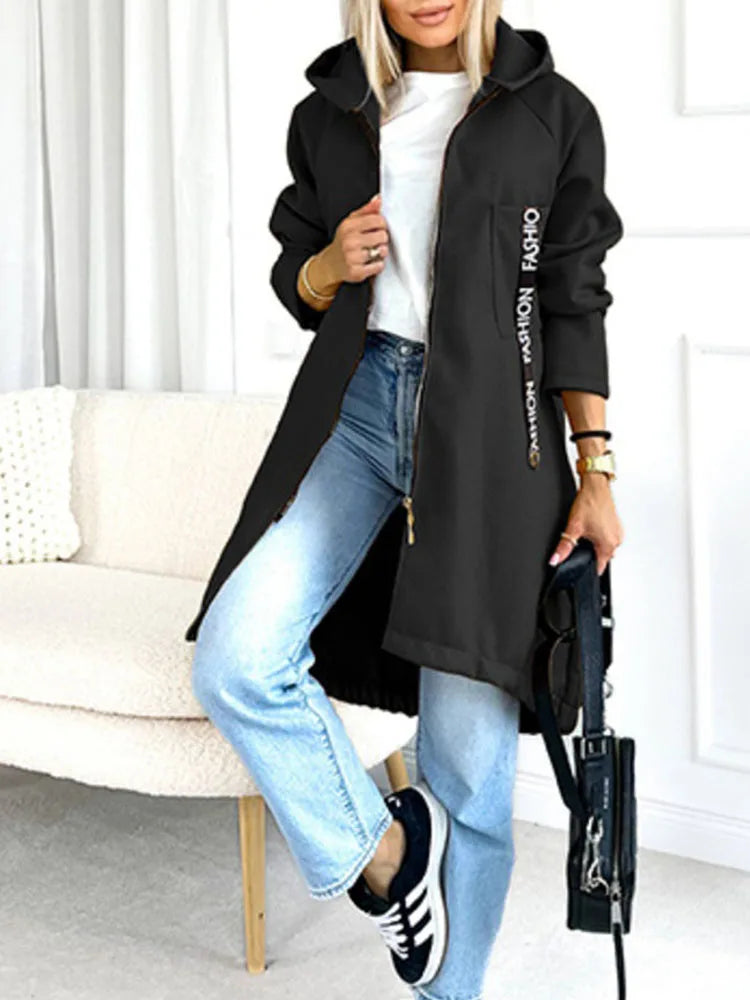 Autumn Winter Pockets Spliced Zipper Coat New Thick Warm Solid Color Women's Jacket Hooded Sports Long Sleeved Lady Outerwear