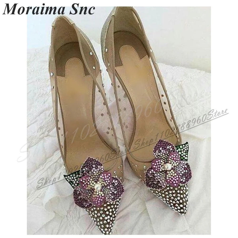 Elegant Mesh Crystal Floral Pointed Toe Pumps For Women