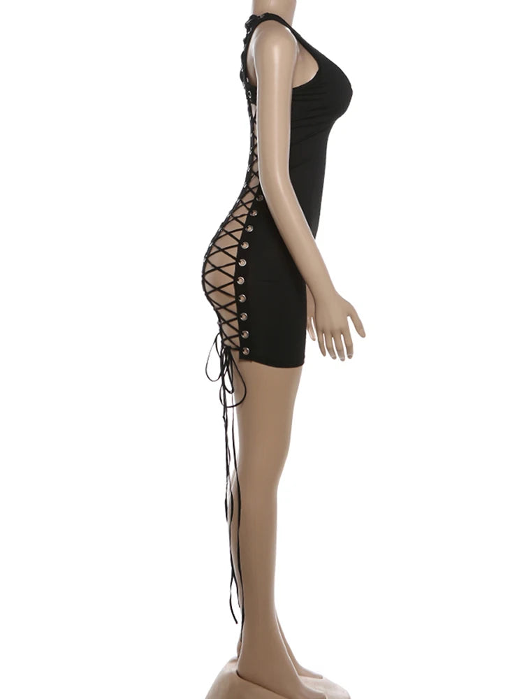 Sexy O-Neck Hollow Out Mini Dress with Metal Ring Cross Detailing for Women