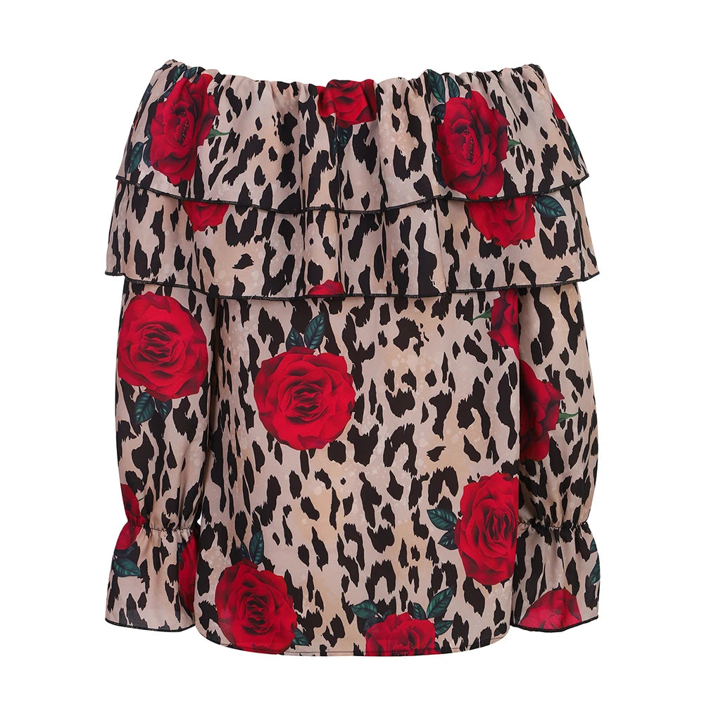 Women's Sexy Leopard Floral Printed Slash Neck Chiffon Blouse Autumn Spring Ladies Ruffle Casual Holiday Tops Size S-2XL