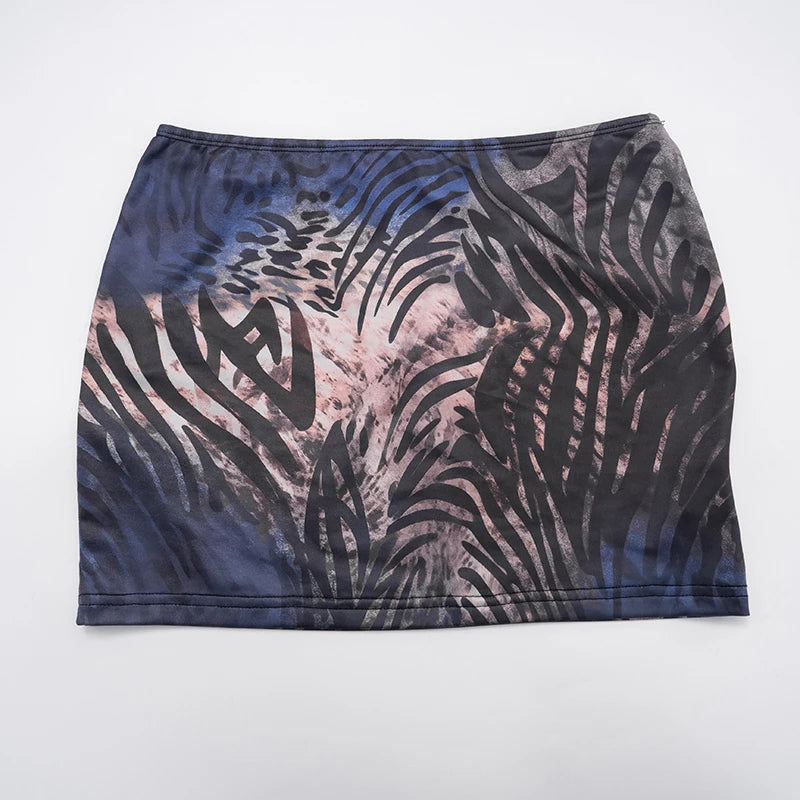 Tiger Striped Mesh Crop Top and Peach Hip Skirt Two Piece Set for Women