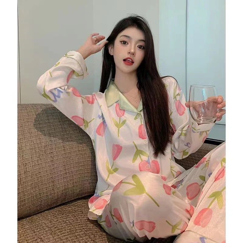Flowers Twill Print Classy Women's Pajamas Spring Autumn Two-piece Sets Long Female Lounges Simulated Silk 2024 New Y2k Homewear