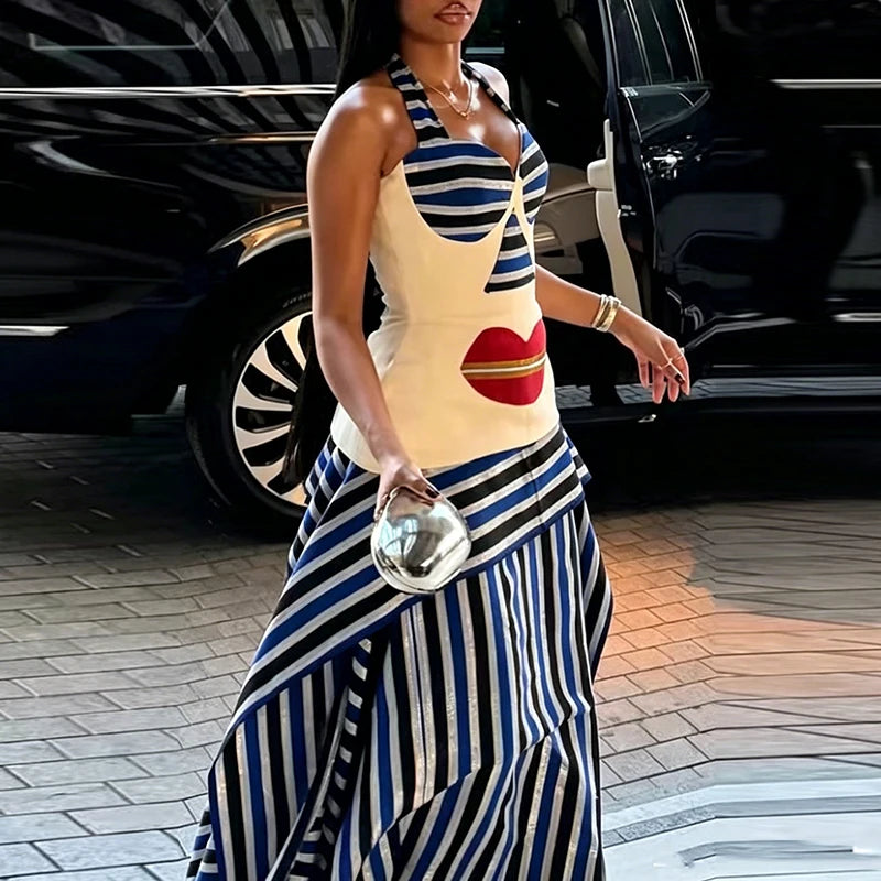 Striped Vacation Halter Backless Top and Half Skirt Set for Women