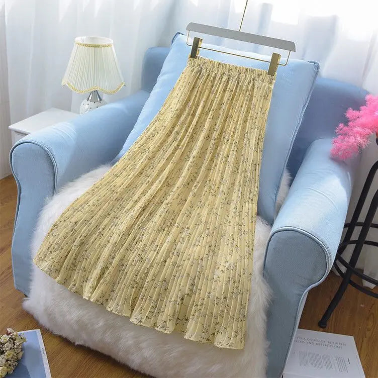 Floral High Waisted Chiffon Pleated Midi Skirt for Women