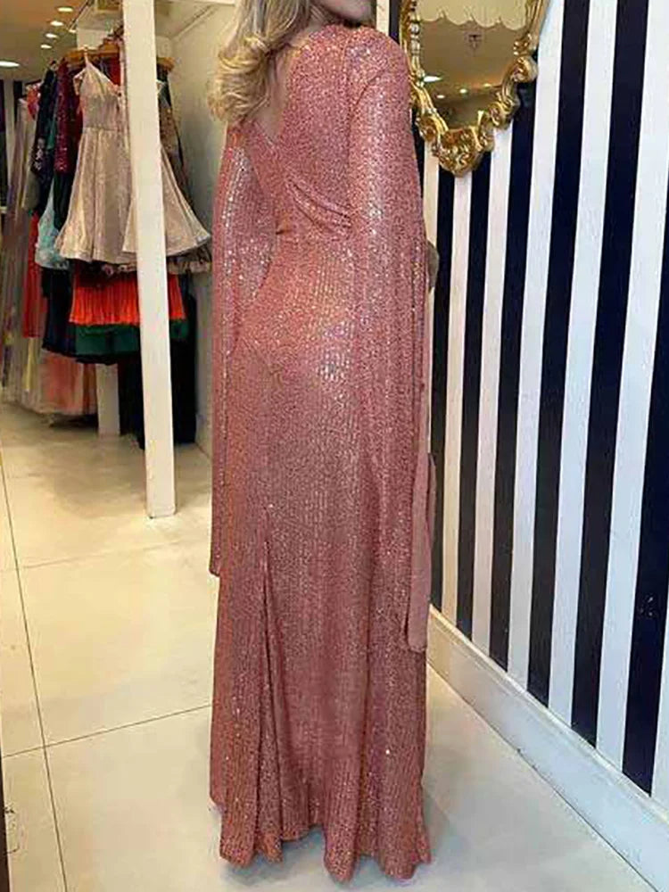 Elegant Sequin V Neck Long Sleeve Floor Length Maxi Dress for Women