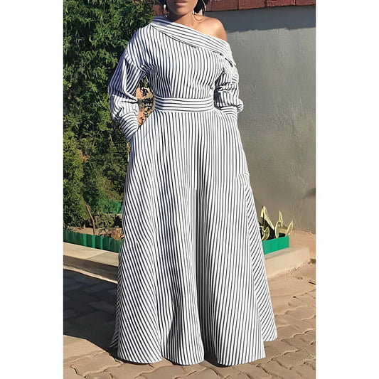 Plus Size White Casual Dress Ash Stripe Oblique Collar One Shoulder Maxi Dress With Pocket