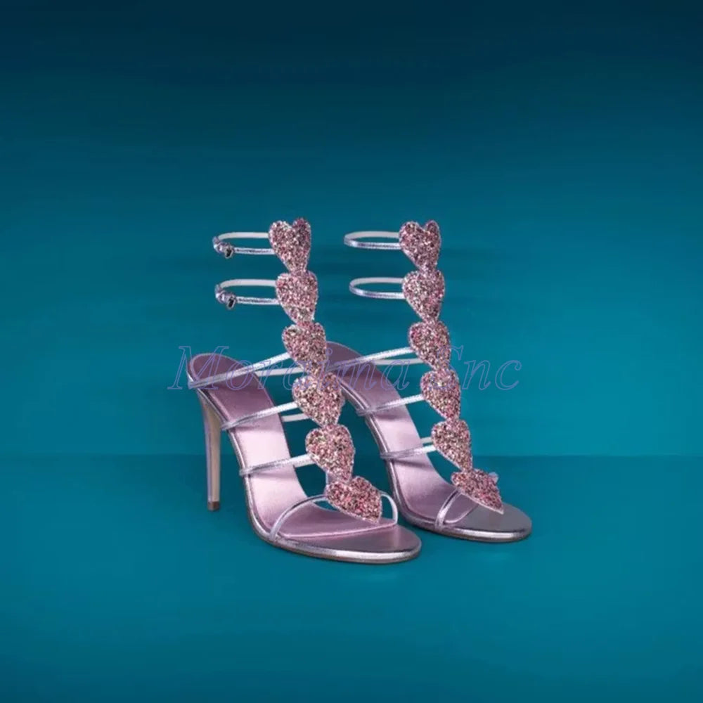 Pink Glitter Heart Strap Gladiator Sandals For Women