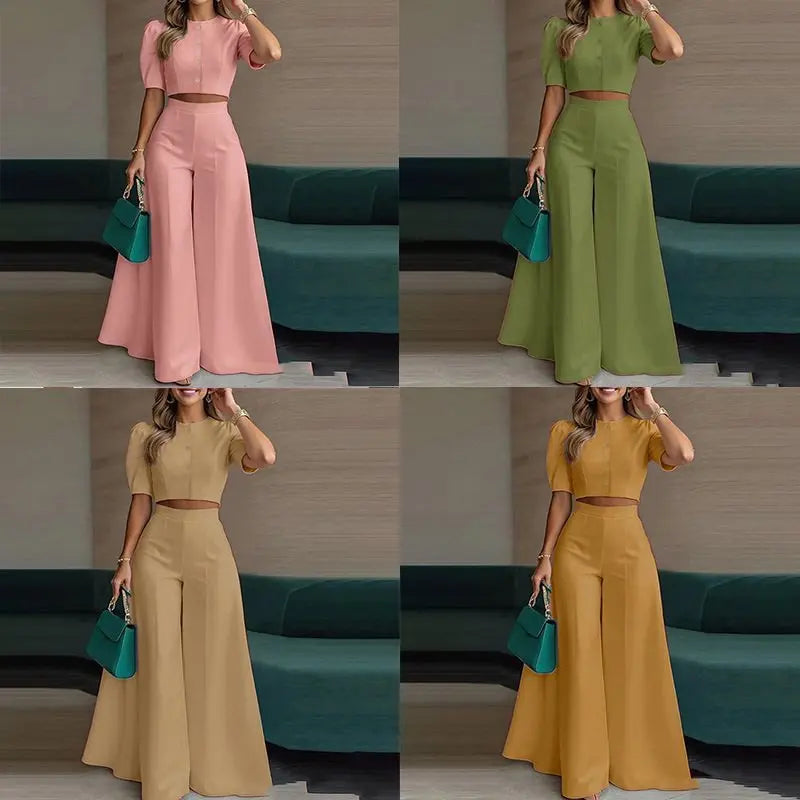 Elegant Two Piece Crop Top And Wide Leg Pants Set for Women