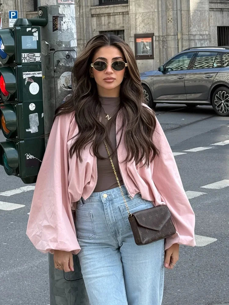 Elegant Solid Bomber Jacket With Puff Sleeves for Women