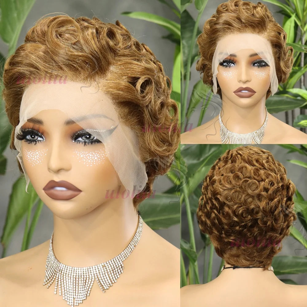 Short Layered Curly Pixie Lace Frontal Wig for Women