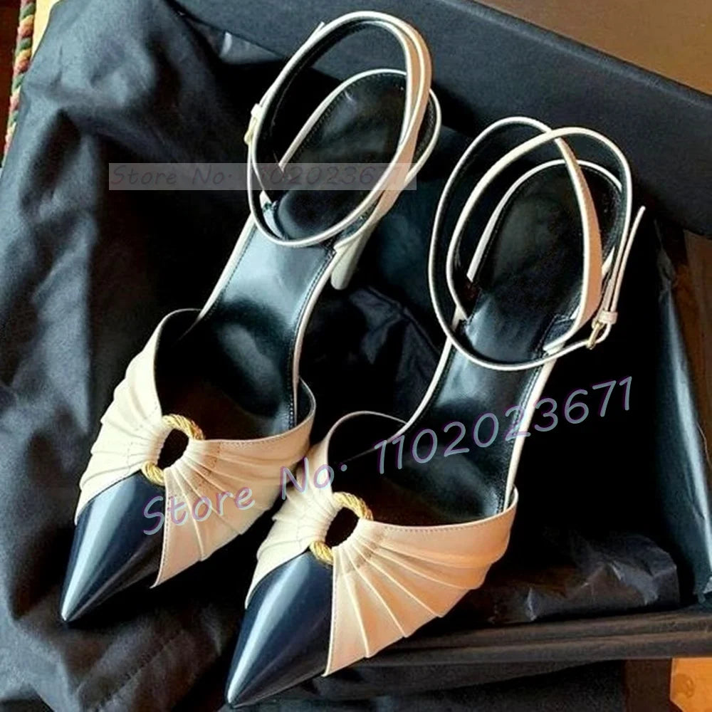 Pointy Metal Ring White Sandals Women Mixed Color Spike High Heels Elegant Work Shoes Office Lady 2023 Summer Bow knot Shoes