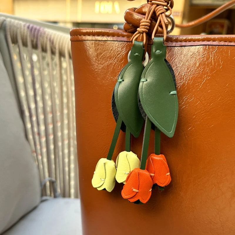 New Tulip Bag Pendant Fashion Creative Design High Quality Leather Keychain Simulation Flower Simple Versatile Pendant Decorate