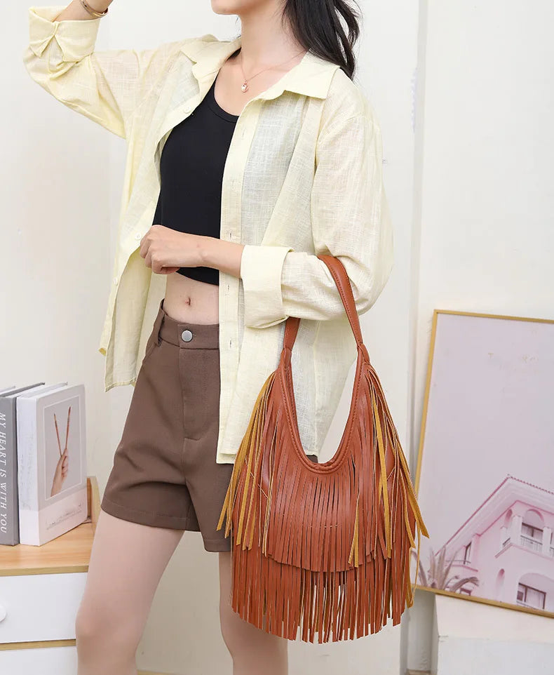 Long Tassel Lux PU Soft Leather Shoulder Bag for Women