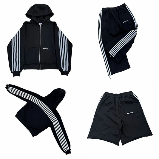 American HCW Retro Striped Zipper Hoodie Y2K Clothes Mens Womens Hip-hop Letter Embroidery Black Oversized Sweatshirt Jacket