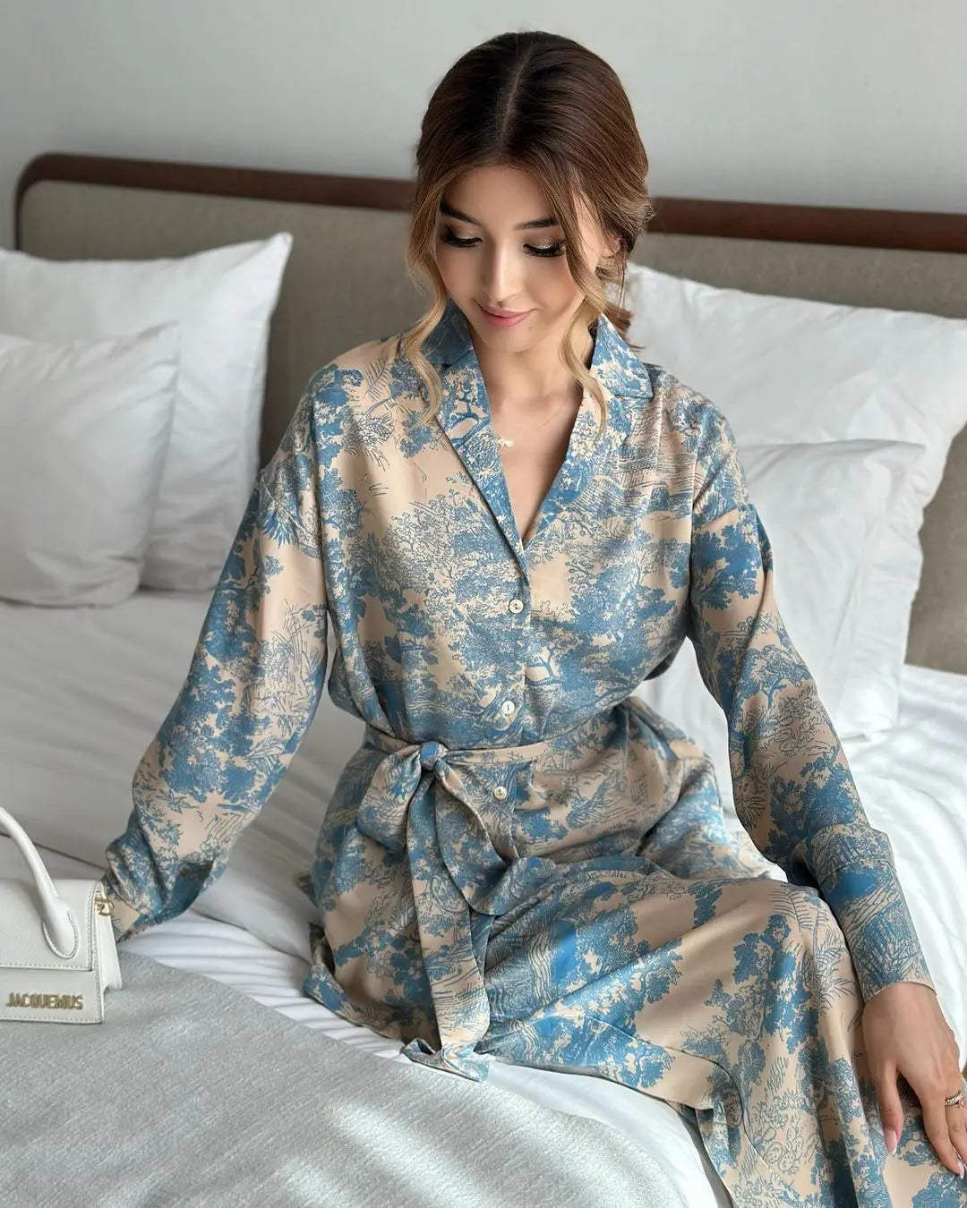 Elegant Print Two Piece Set With Long Sleeve Shirt And Wide Leg Pants for Women