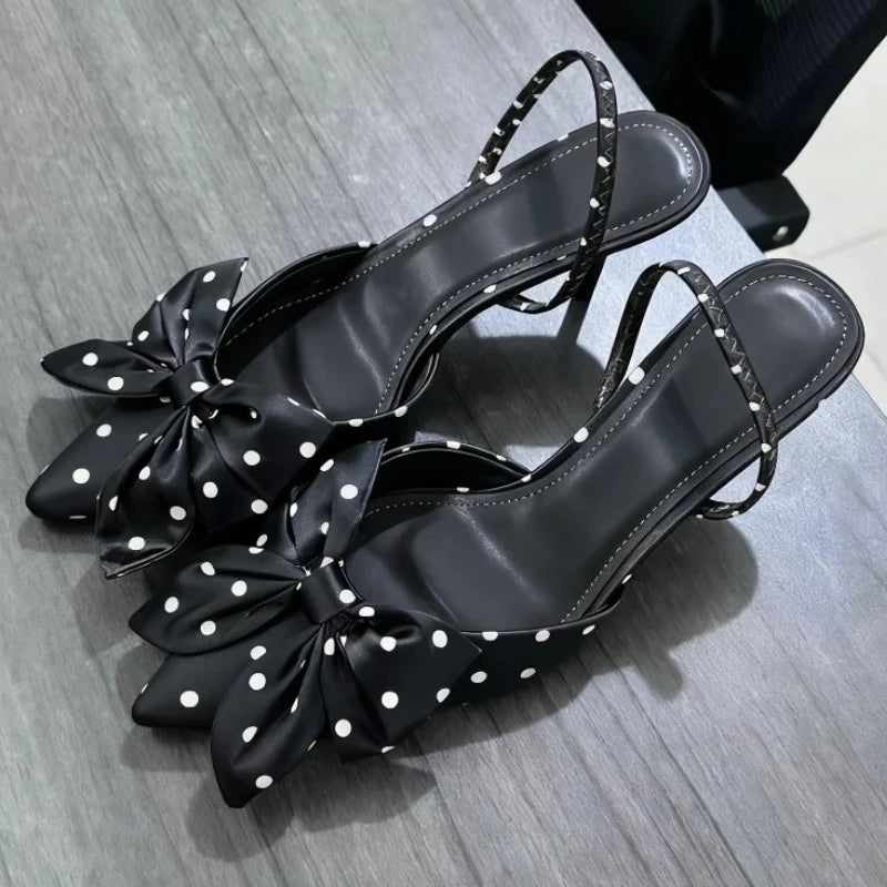 Black Polka Dot Bow Pointed Toe High Heels for Women