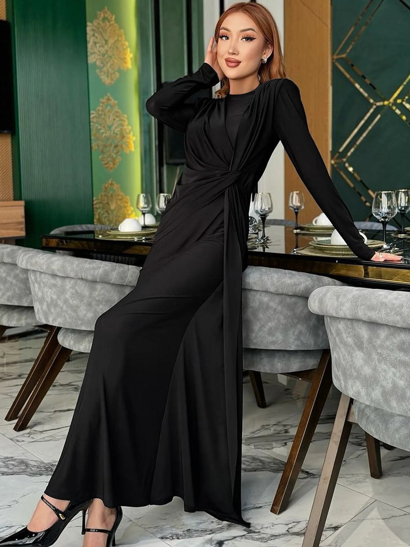 Elegant Ruched Long Sleeve Pleated Maxi Dress for Women