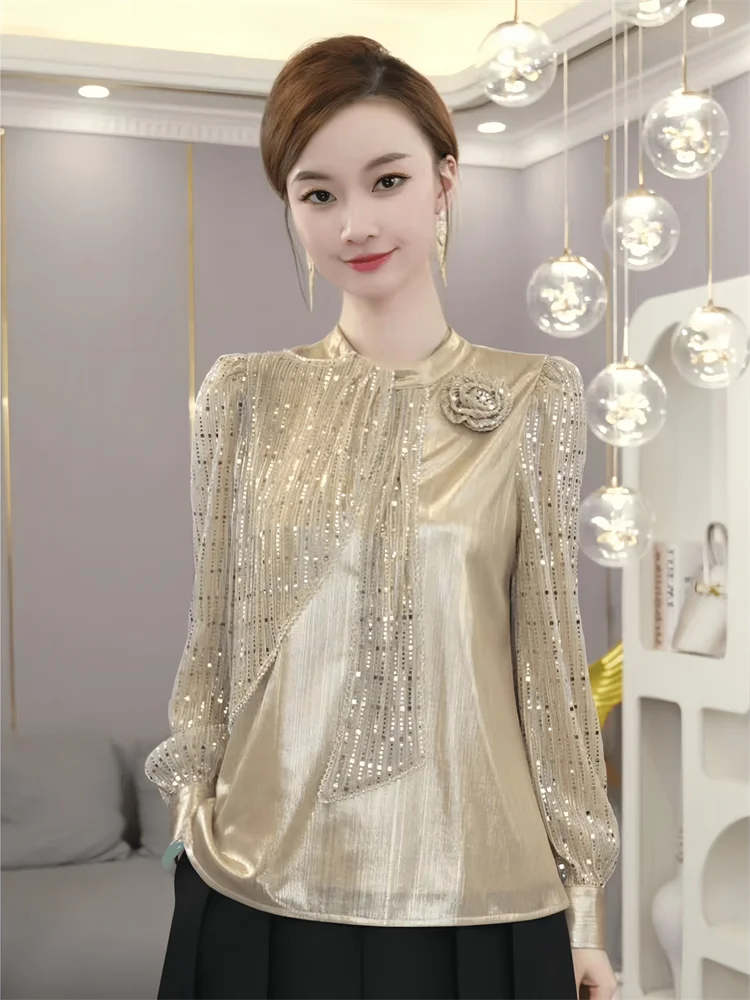 Chiffon Loose Small Stand Up Collar Bow Blouse for Women