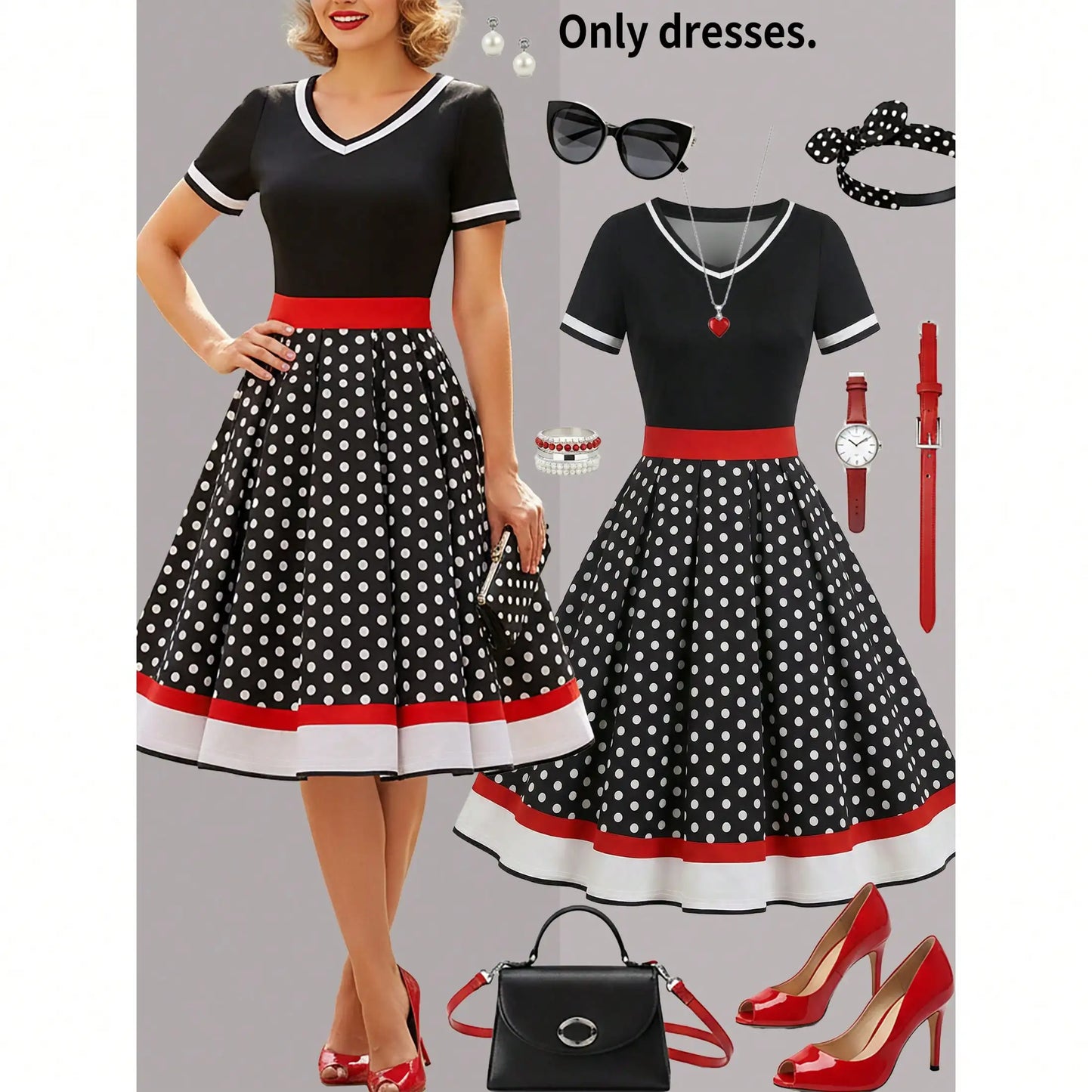 Women's Retro Black And White Polka Dot Midi Dress With Elegant V Neck Short Sleeves And Flared A Line Skirt Sleeve Polka Dot Pleated Dress For