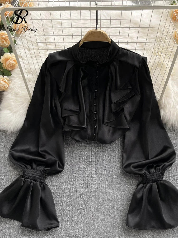 Elegant Satin Ruffle Long Sleeve Blouse for Women