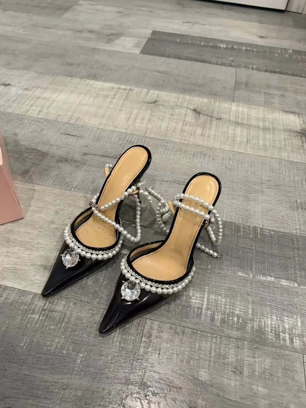 Black Patent Pearl Pointed Crystal Heels