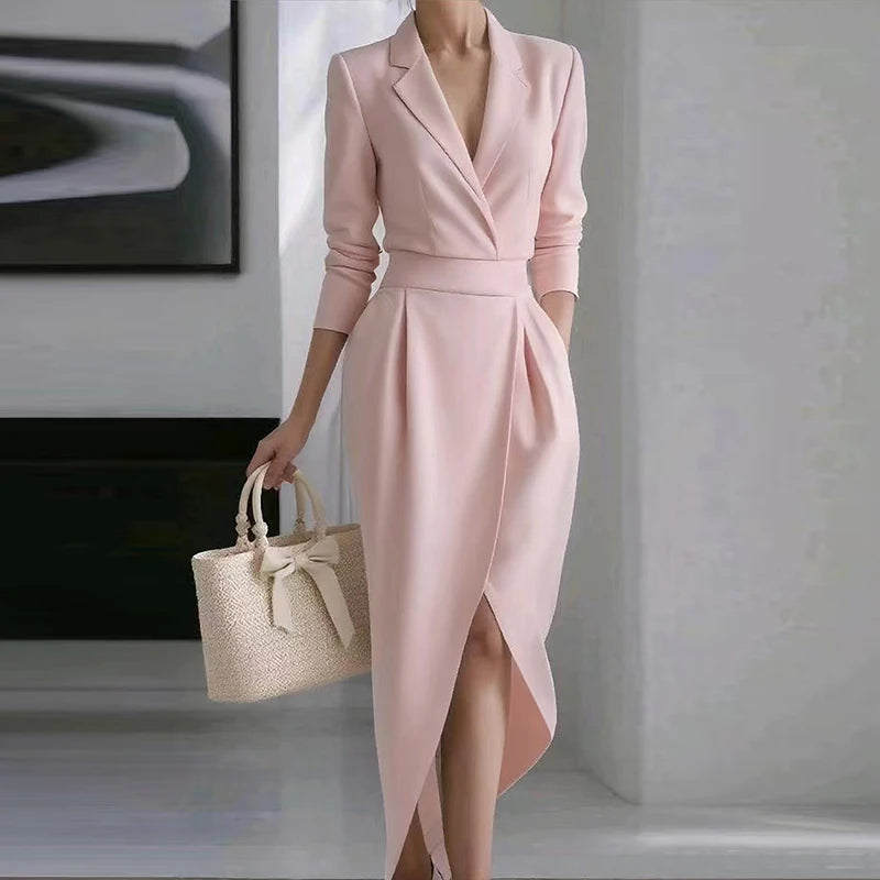 Turn-Down Collar Spring Autumn Party Dress, Women Holiday Long Sleeve Solid Maxi Dress, Patchwork Simple Ladies Dress Vestidos