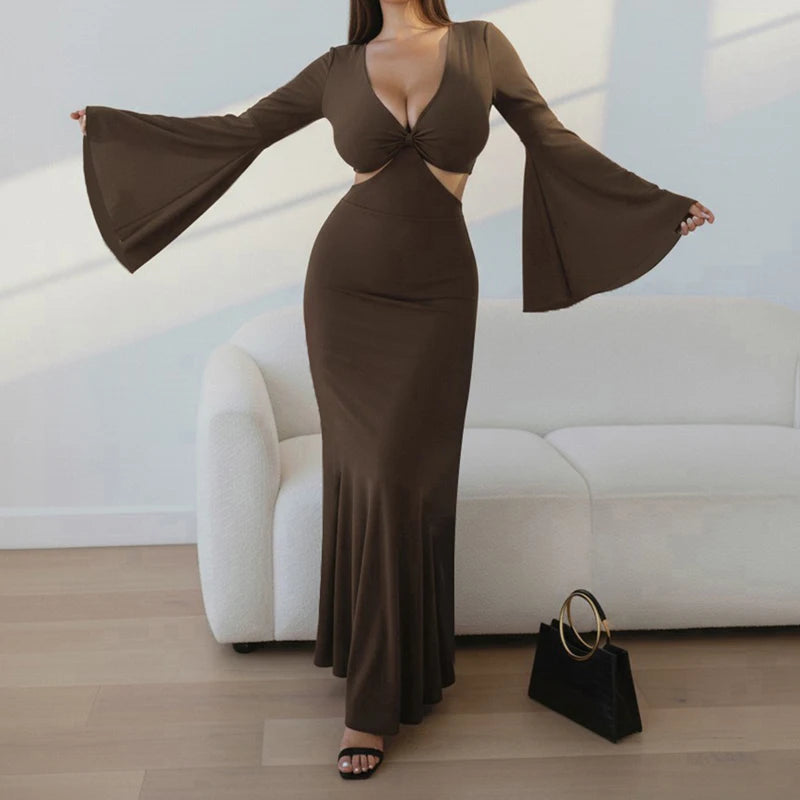 2026 Sexy Backless Draped Party Dress Elegant Strapless Flared Sleeves Evening Dress Women Fashion Hight Waist Solid Long Dress