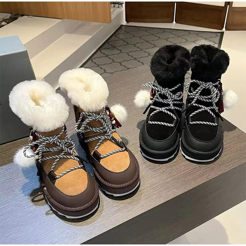 Plush Warm Snow Boots For Women Fashion Short Thick Non-slip Sports Shoes Lace-up Zipper Ankle Boots Thick Sole Shoelace Pendant