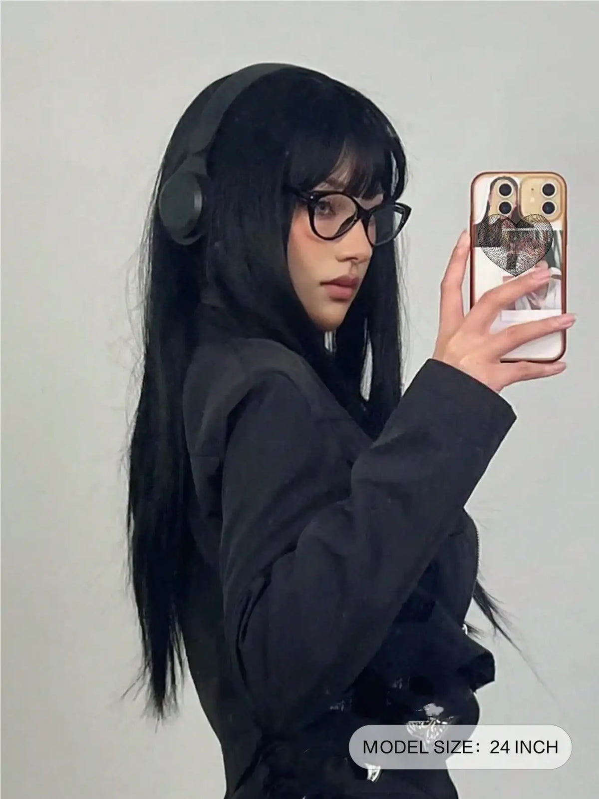 Long Straight Black Synthetic Wig With Bangs for Women