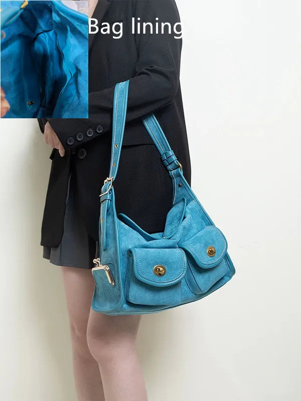 Casual Commuter Large Capacity Suede Pillow Bag Single Shoulder Crossbody Bag Vintage Style Polyester Lining Zipper Closure