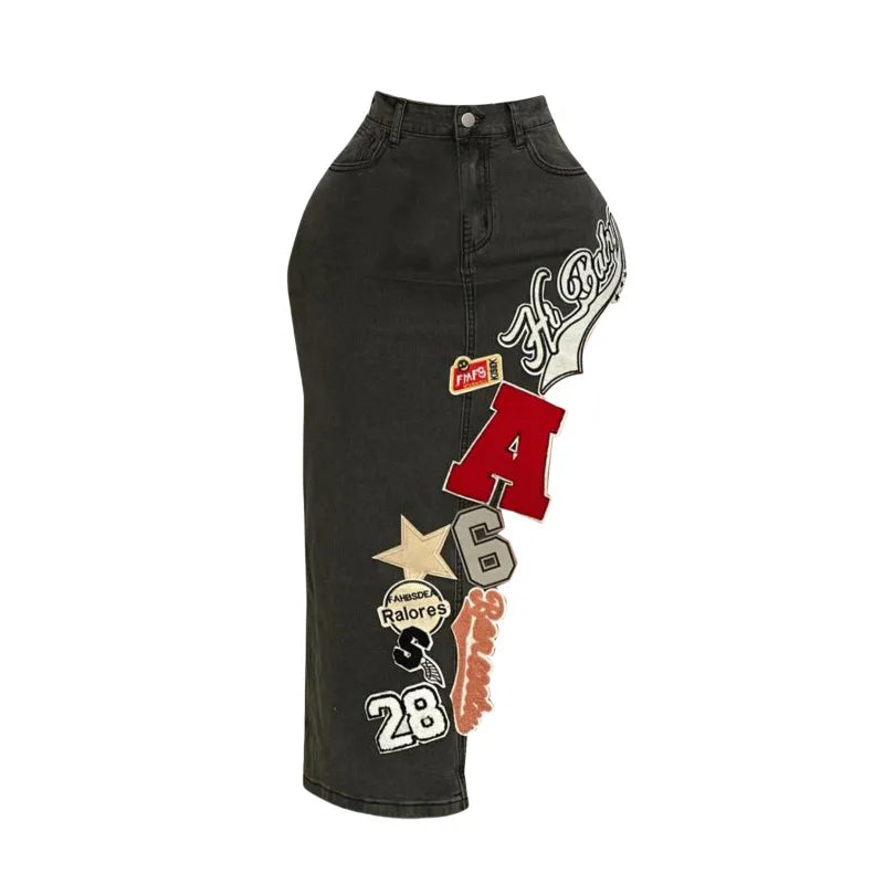 Asymmetrical Letter Embroidery Denim Skirt for Women