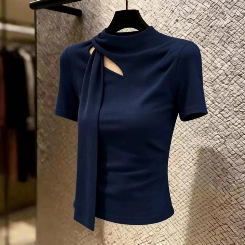 Elegant Hollow Out Slim Fit Short Sleeve Tee For Women