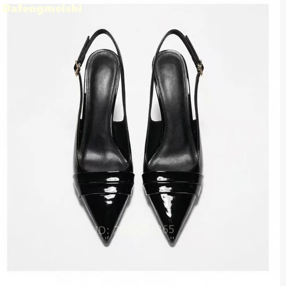 Nude Patent Leather Pleated Pointed Toe Slingback Pumps For Women
