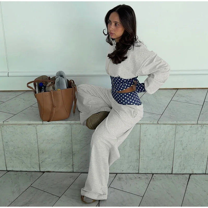 Polka Dot Hooded Zipper Crop Top And Wide Leg Pants For Women
