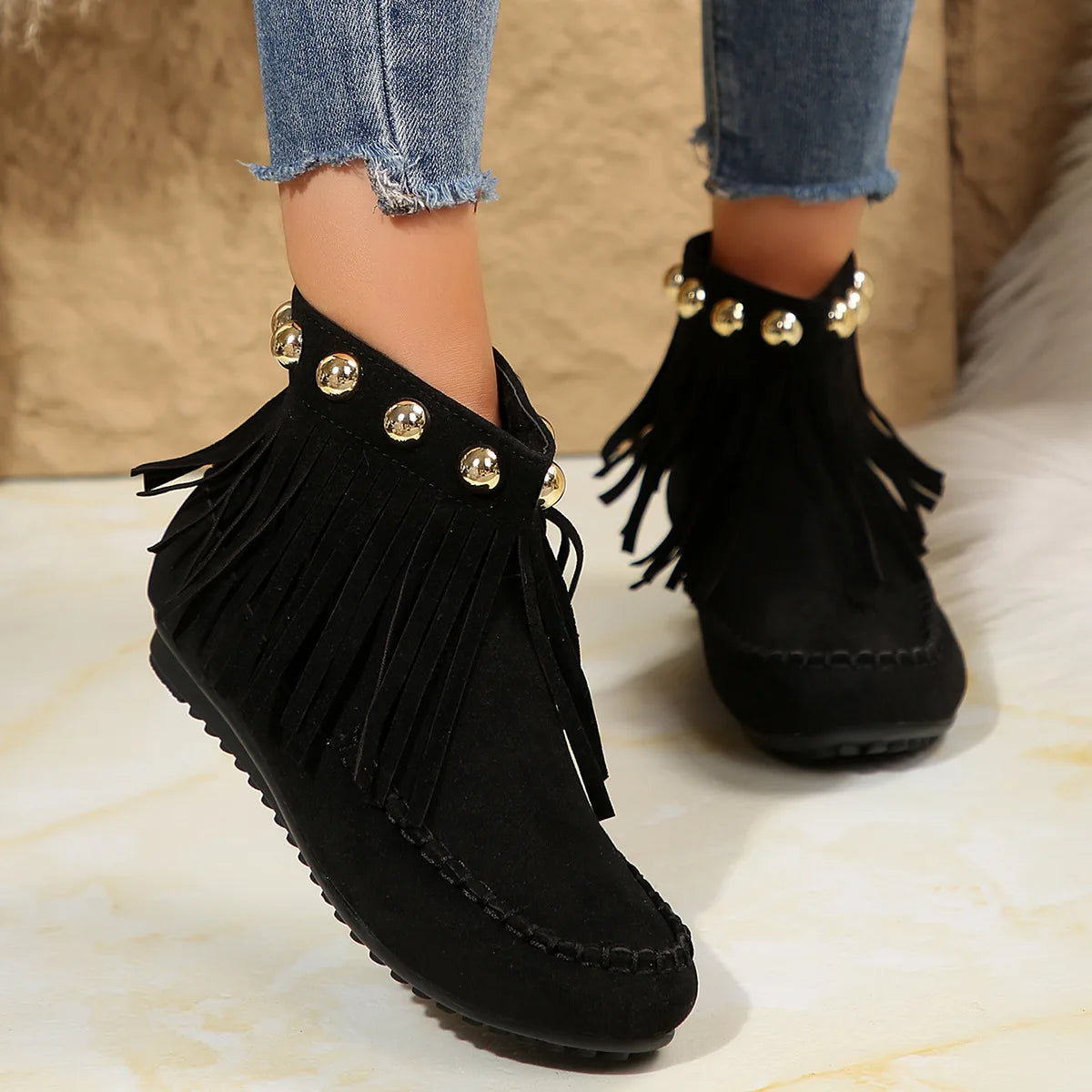 Women Boots Winter New Vintage Fringe Ankle Boots Women Side Zipper Casual Shoes Round Toe Ladies Snow Boots Zapatos De Mujer