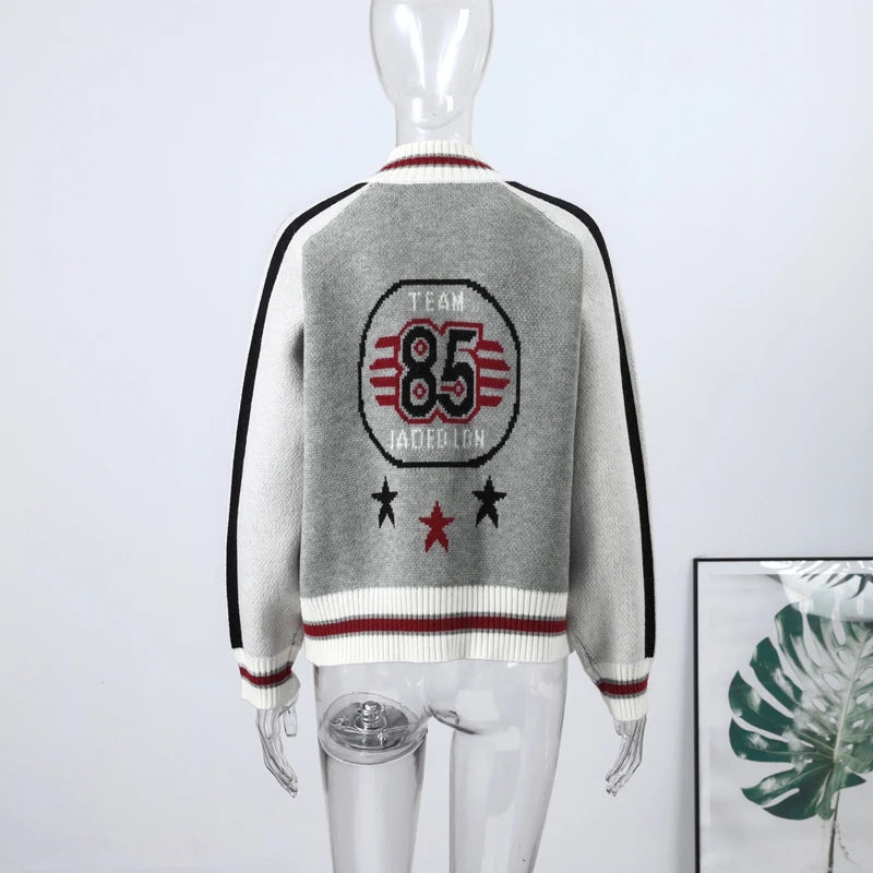 Printed Striped Knitted Baseball Cardigan for Women