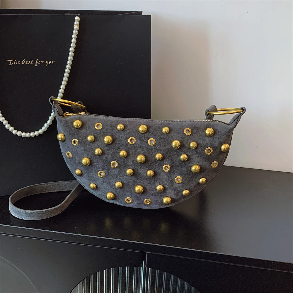 Faux Suede Rivet Half Moon Shoulder Bag for Women