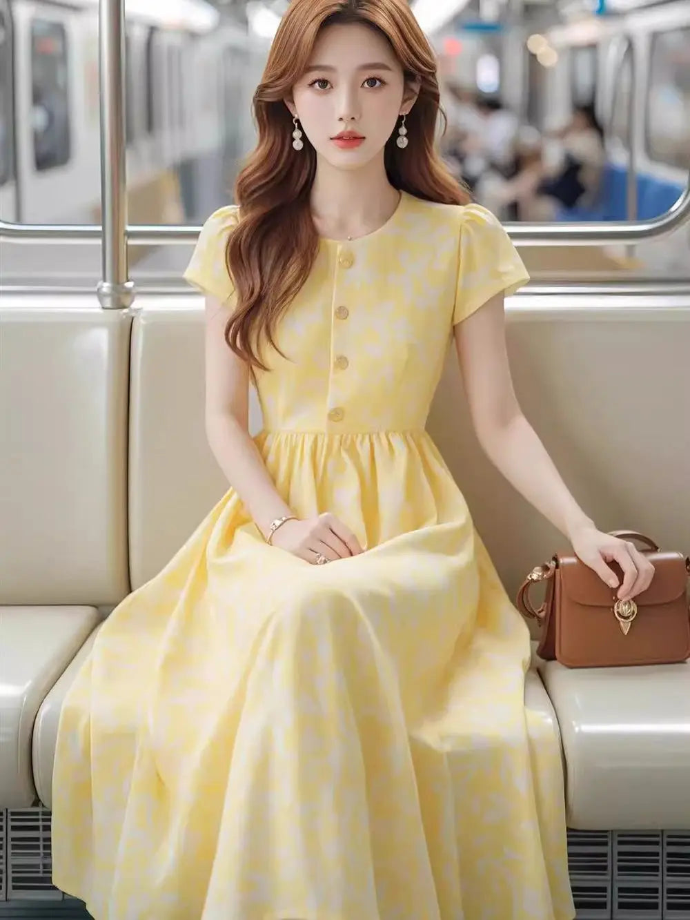Lightweight Yellow Print Midi Dress With Cinched Waist for Women