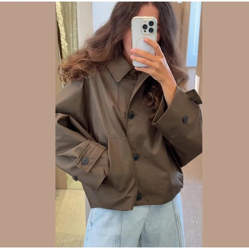 Vintage Single Breasted Women 's Treach Coats Loose Hooded Pockets Full Sleeve Short Jacket Female 2025 Autumn New Lady Outwears