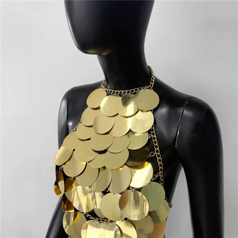 Shimmering Sequin Halter Tassel Crop Top for Women