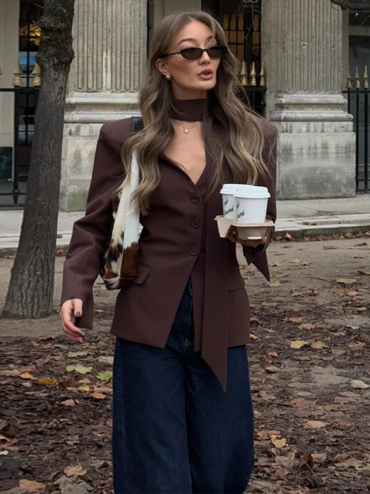 Elegant Slim V-Neck Scarf Trim Blazer Coat for Women
