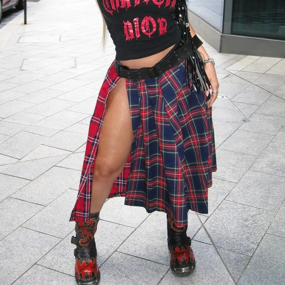 FAGADOER Fashion Streetwear Women High Waisted Plaid Splicing Print Side Slit Mid Skirts Casual Female Y2K Matching Bottoms 2023