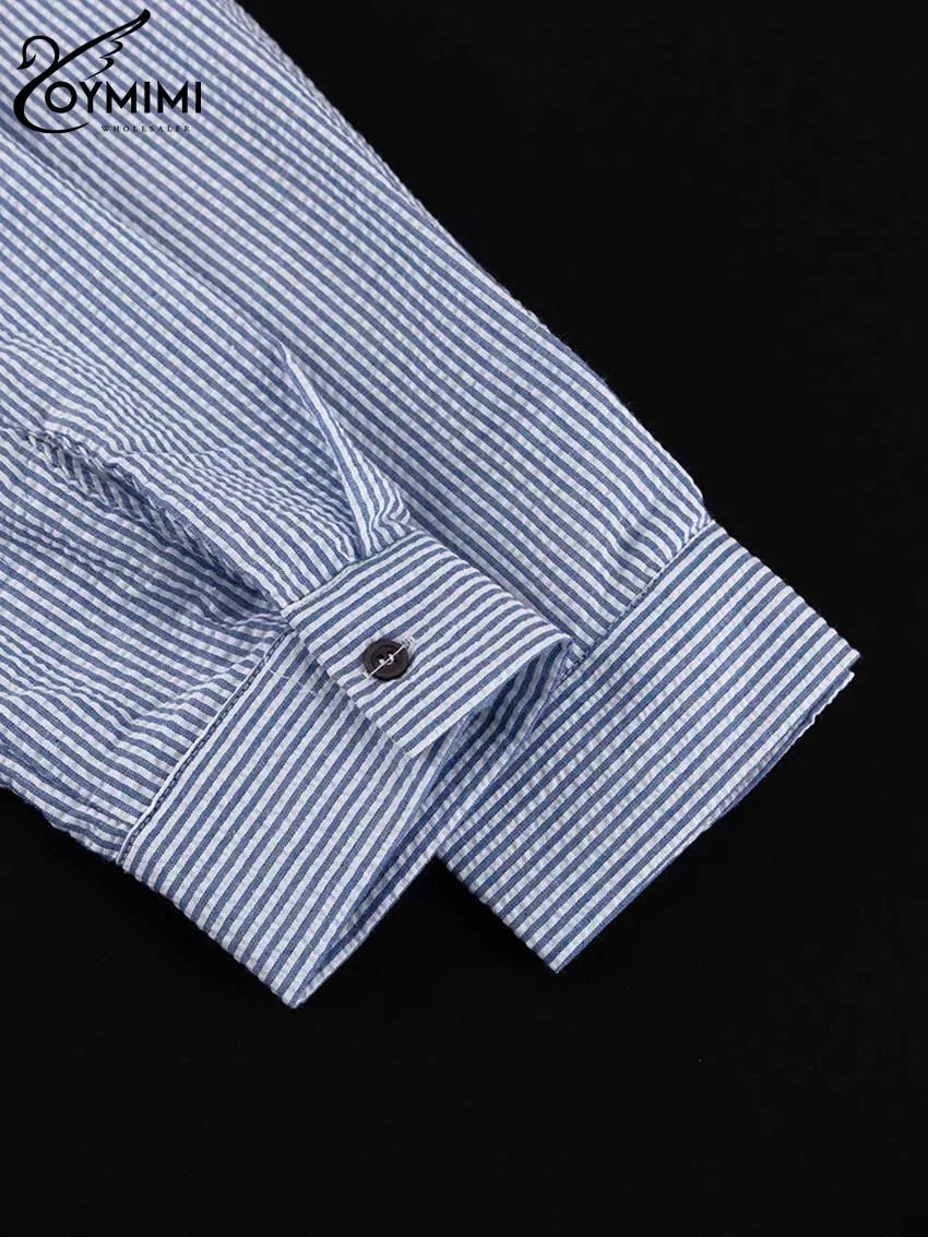 Oymimi Casual Dark Blue Print Women's Two Pieces Set Elegant Long Sleeve Button Shirt And Low Waist Straight Trousers Female Set