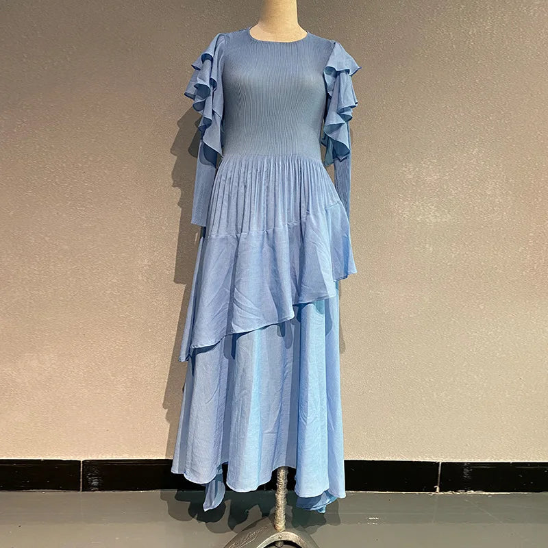 Pleated Tiered Long Sleeve Maxi Dress