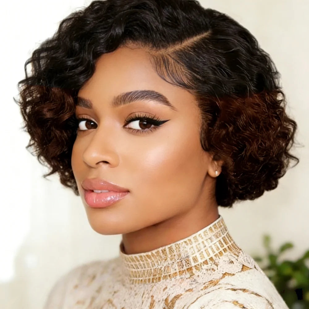 Natural Black Short Curly Pixie Lace Front Wig for Women