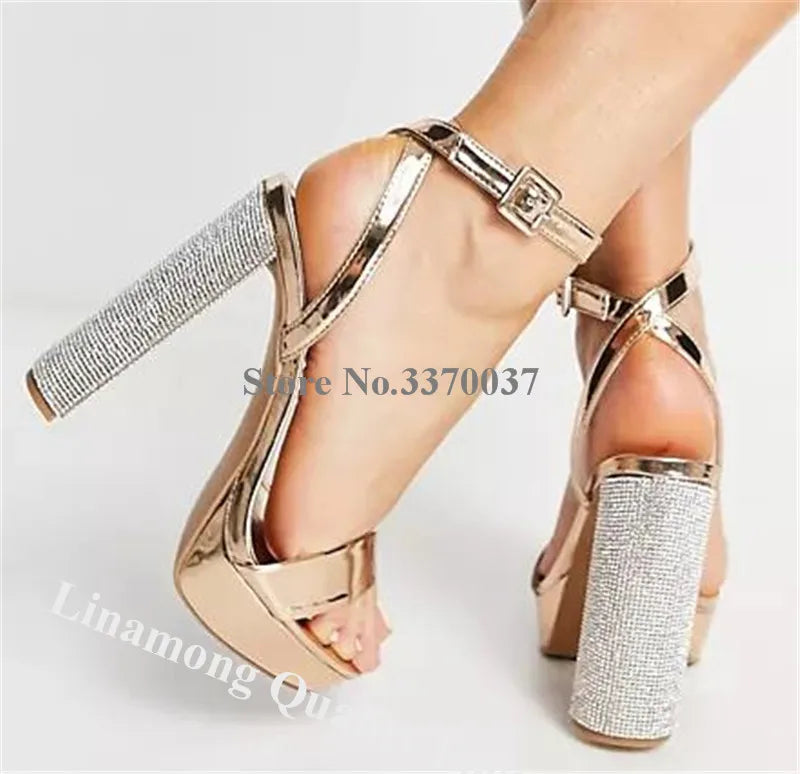 Luxury Rose Gold Rhinestone Platform Sandals for Women