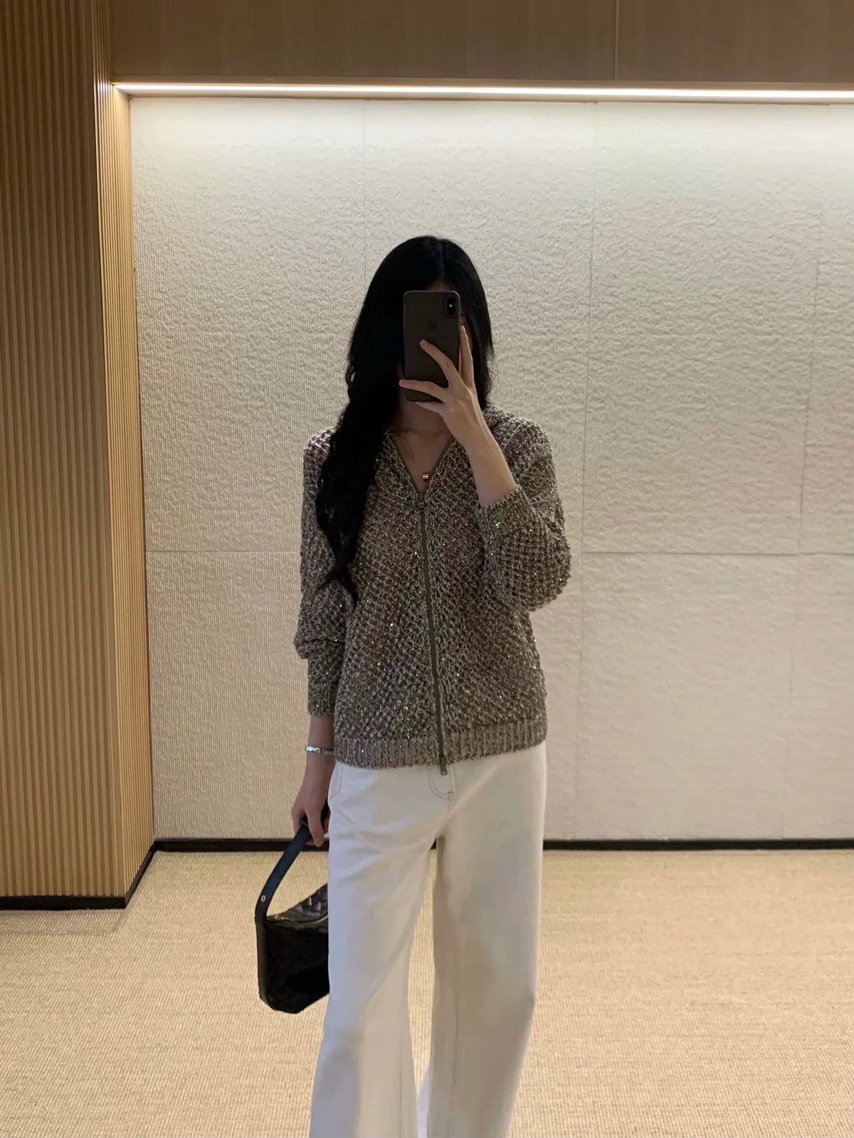 Sequined Hooded Knit Cardigan with Zipper for Women